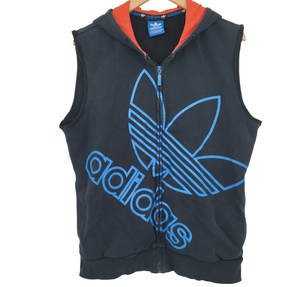 Adidas Sleeveless Hoodie Mens Large Black Blue Orange Trefoil Logo Full Zip Vest